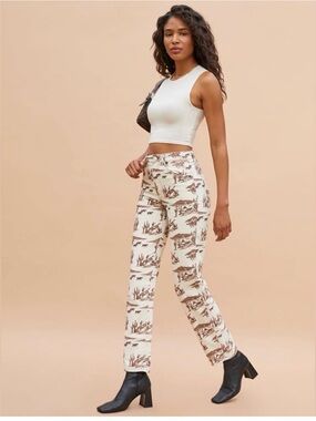Reformation Sonora Cowboy Printed Jeans - Cream with Brown Scenic Print